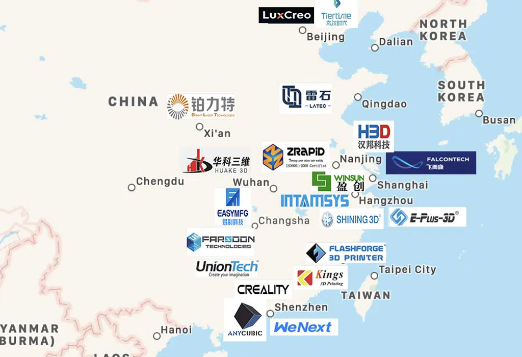Все компании, производящие 3D-принтеры, базируются на более промышленно развитом Тихоокеанском побережье Китая. Положения логотипов компаний на карте не отражают точное местоположение; они предназначены для указания приблизительного географического района штаб-квартиры каждой компании.
